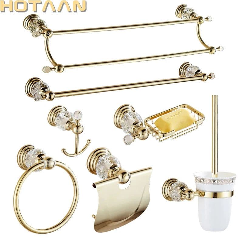 image-Luxury Crystal Gold Color Bathroom Accessories Set Gold Polished Brass Bath Hardware Set Wall Mounted Bathroom Products banheiro