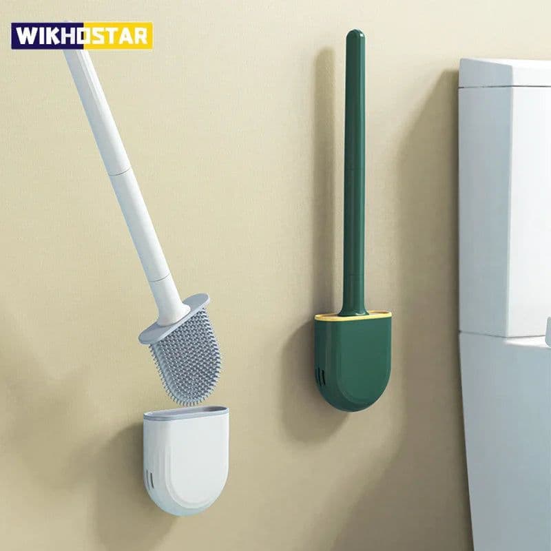 image-WIKHOSTAR Breathable Toilet Brush Holder with Silicone Bristles Non-Slip Water Leak Proof Long Handle Wc Toilet Cleaning Brush