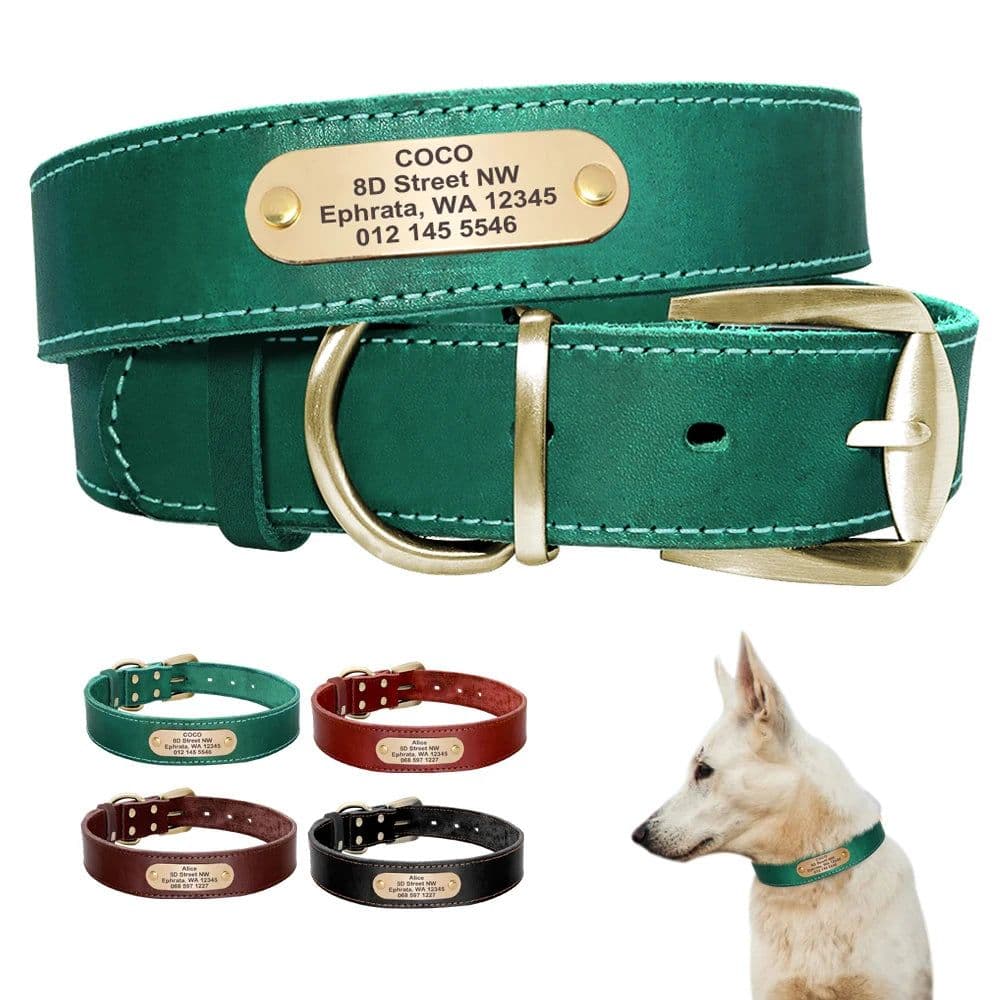 image-Custom Leather Dog Collar Pitbull Personalized Dog Collars Free Engraved Pet ID Necklace Adjustable for Small Medium Large Dogs