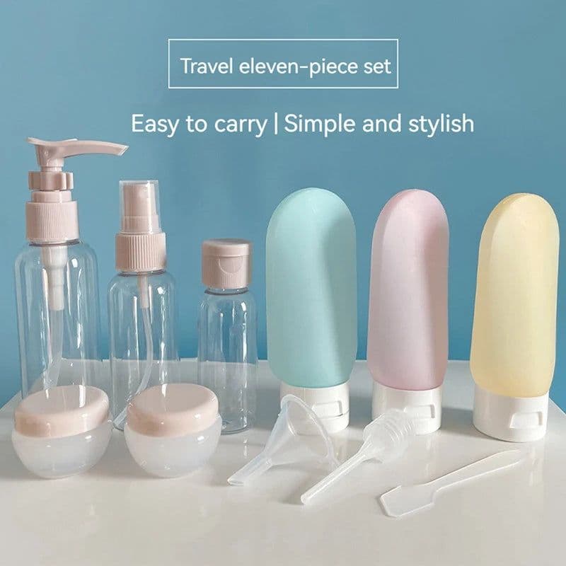 image-11 Piece Travel Suit Cosmetic Bottle Plastic Bottle Lotion Bottle Toner Bottle Spray Bottle Shampoo Soap and Shampoo Dispenser