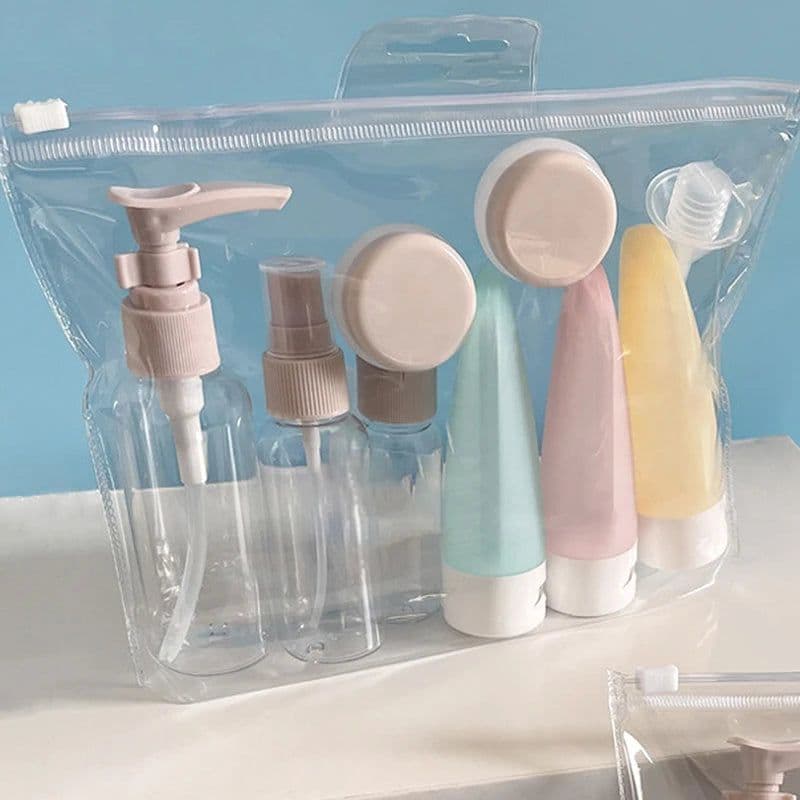 image-11 Piece Travel Suit Cosmetic Bottle Plastic Bottle Lotion Bottle Toner Bottle Spray Bottle Shampoo Soap and Shampoo Dispenser