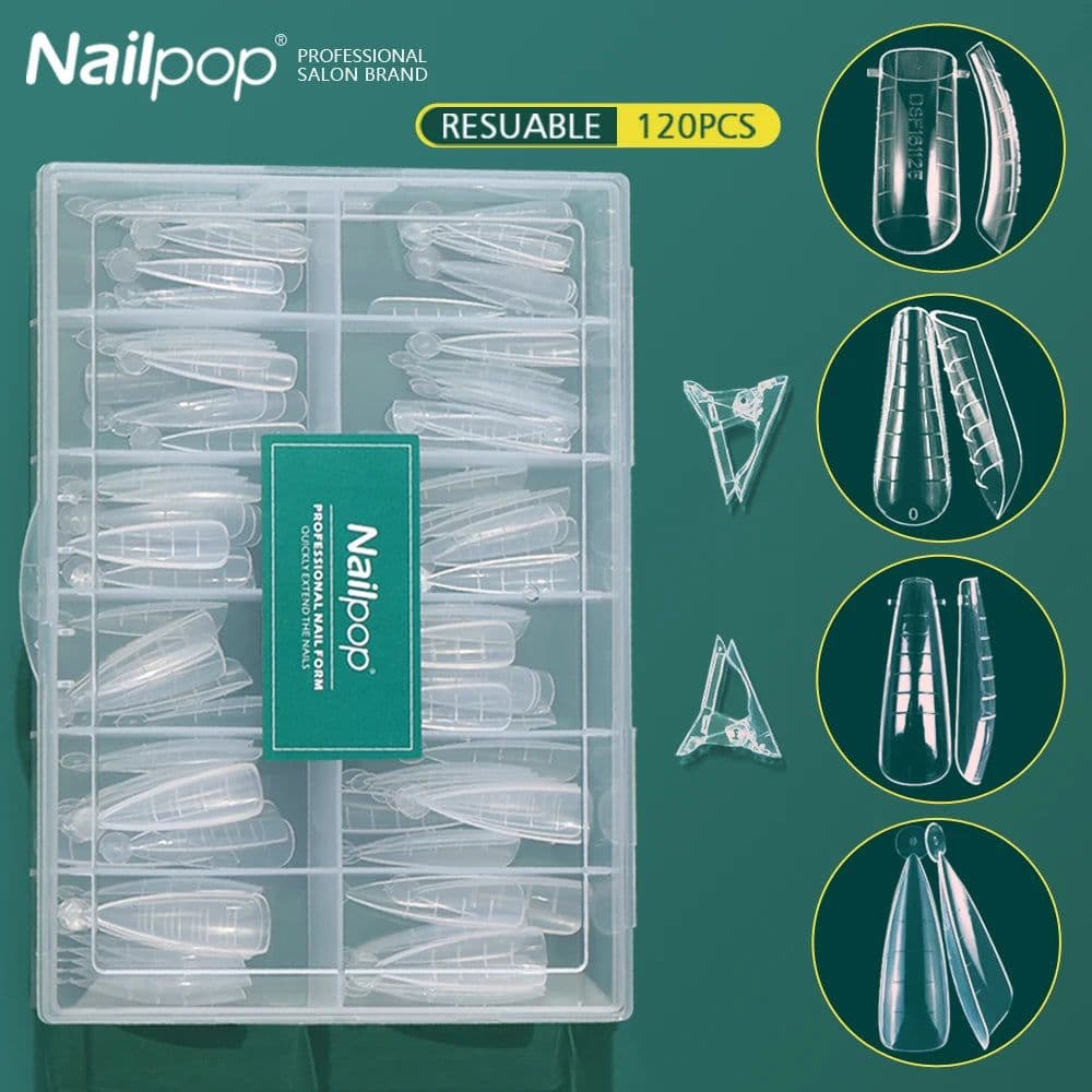 image-Nailpop Dual System Nails Forms Acrylic Extension False Nail Tips Top Forms for Nails Gel Building Mold Art Tools 120Pcs/Box