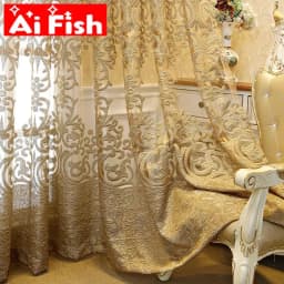 image-European Luxury Coffee with Golden Wire Jacquard Hollow Tulle Curtain for Living Room Palace Elgent Fabric Windows Drape ZH431#4