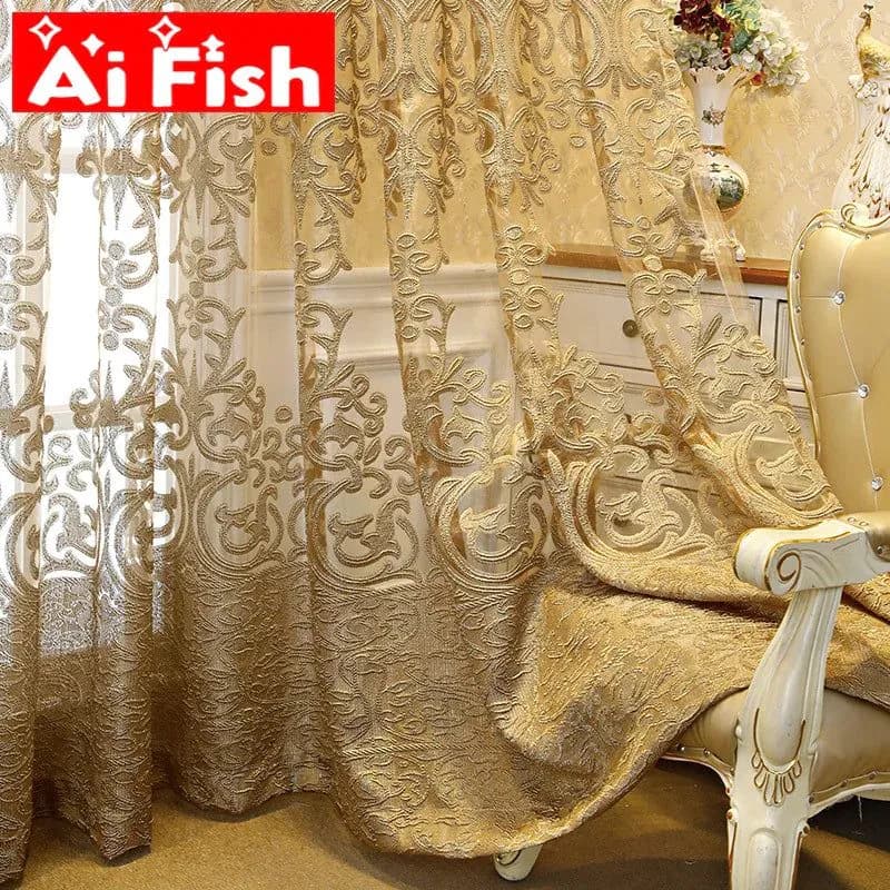 image-European Luxury Coffee with Golden Wire Jacquard Hollow Tulle Curtain for Living Room Palace Elgent Fabric Windows Drape ZH431#4