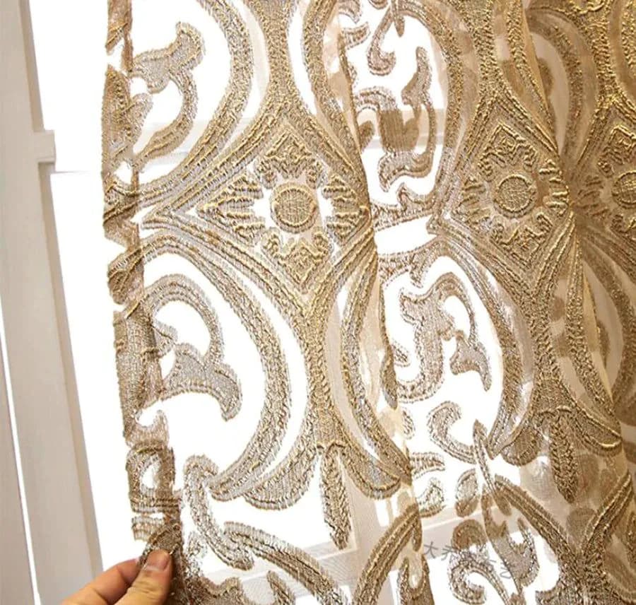 image-European Luxury Coffee with Golden Wire Jacquard Hollow Tulle Curtain for Living Room Palace Elgent Fabric Windows Drape ZH431#4