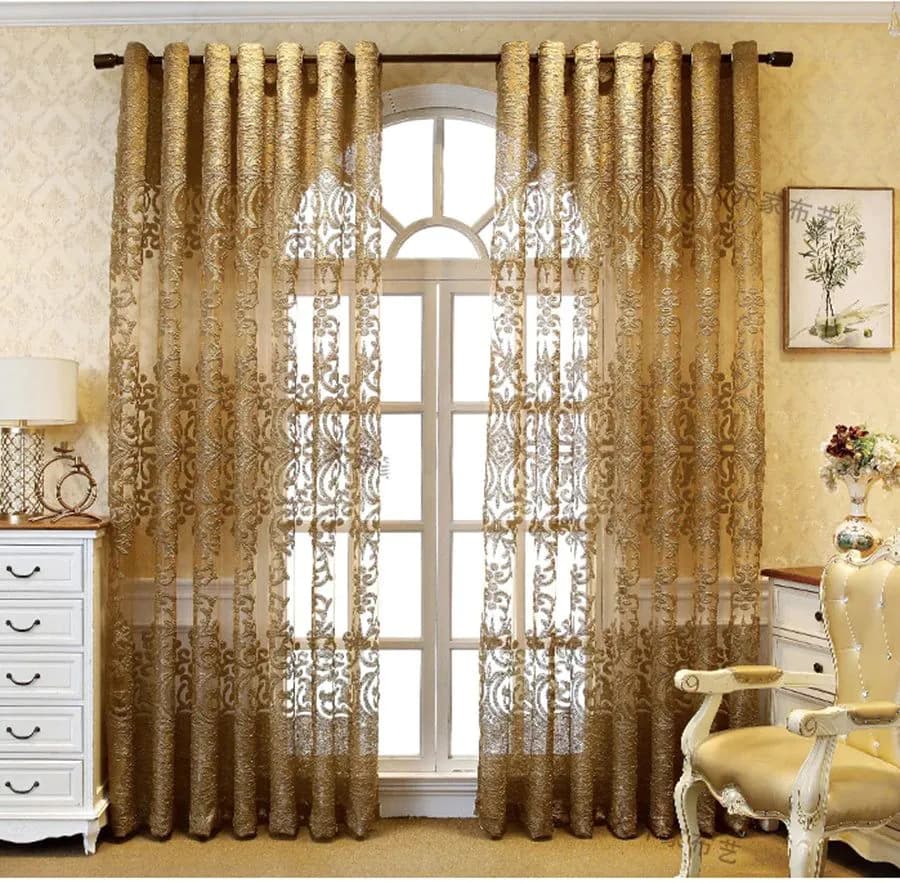 image-European Luxury Coffee with Golden Wire Jacquard Hollow Tulle Curtain for Living Room Palace Elgent Fabric Windows Drape ZH431#4