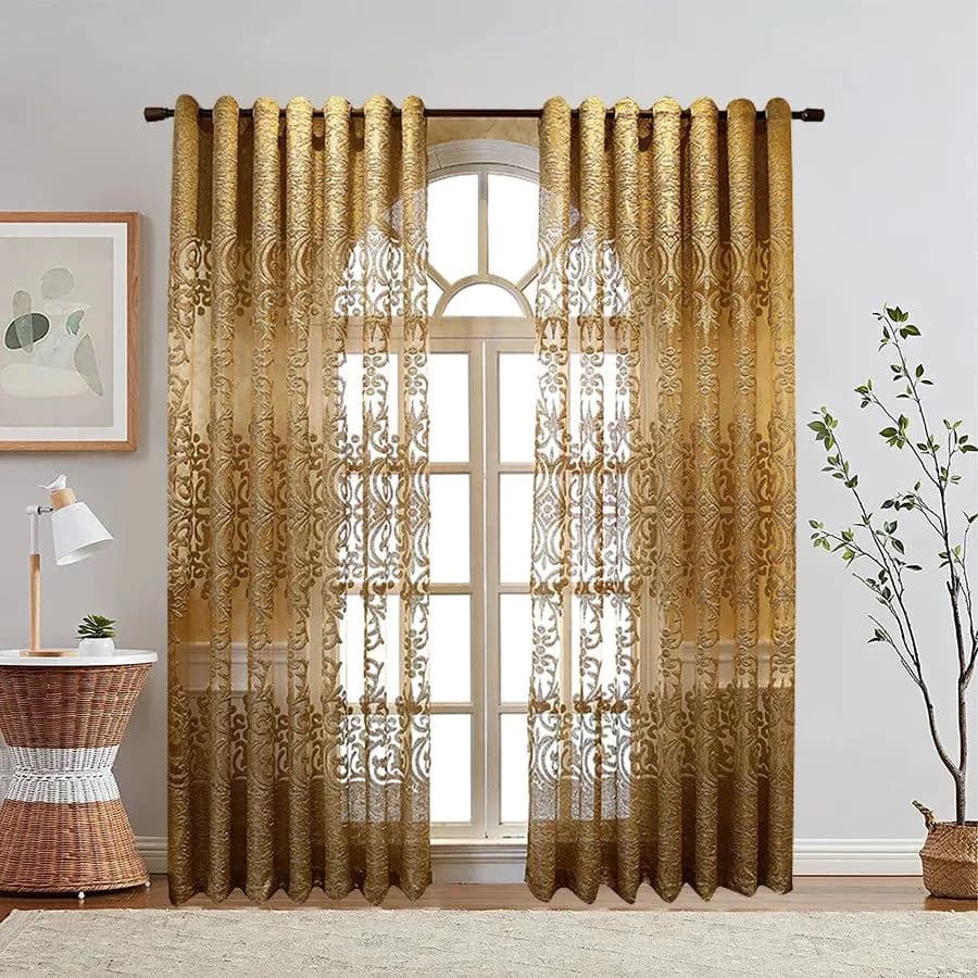 image-European Luxury Coffee with Golden Wire Jacquard Hollow Tulle Curtain for Living Room Palace Elgent Fabric Windows Drape ZH431#4