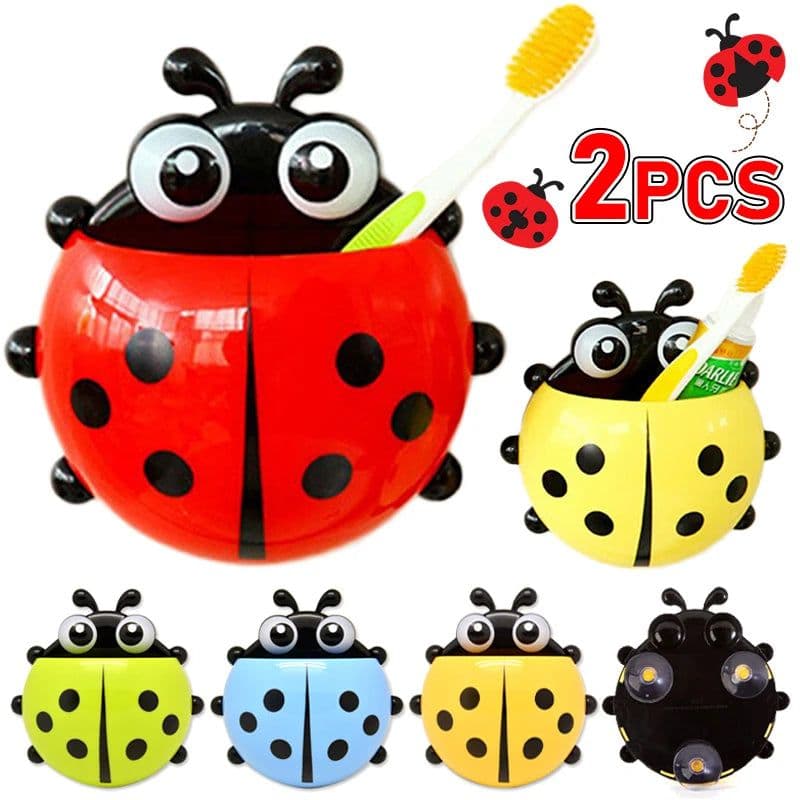image-2pcs Ladybug Toothbrush Holder Cute Cartoon Animal Toothbrush Toothpaste Wall Suction Holders Rack for Kids Container Organizer