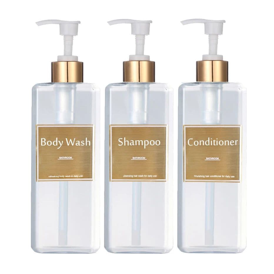 image-500ml/16.9oz Shampoo Dispenser Press Pump Bottle with Gold Waterproof Labels Bathroom Shampoo Conditioner Body Wash Bottles