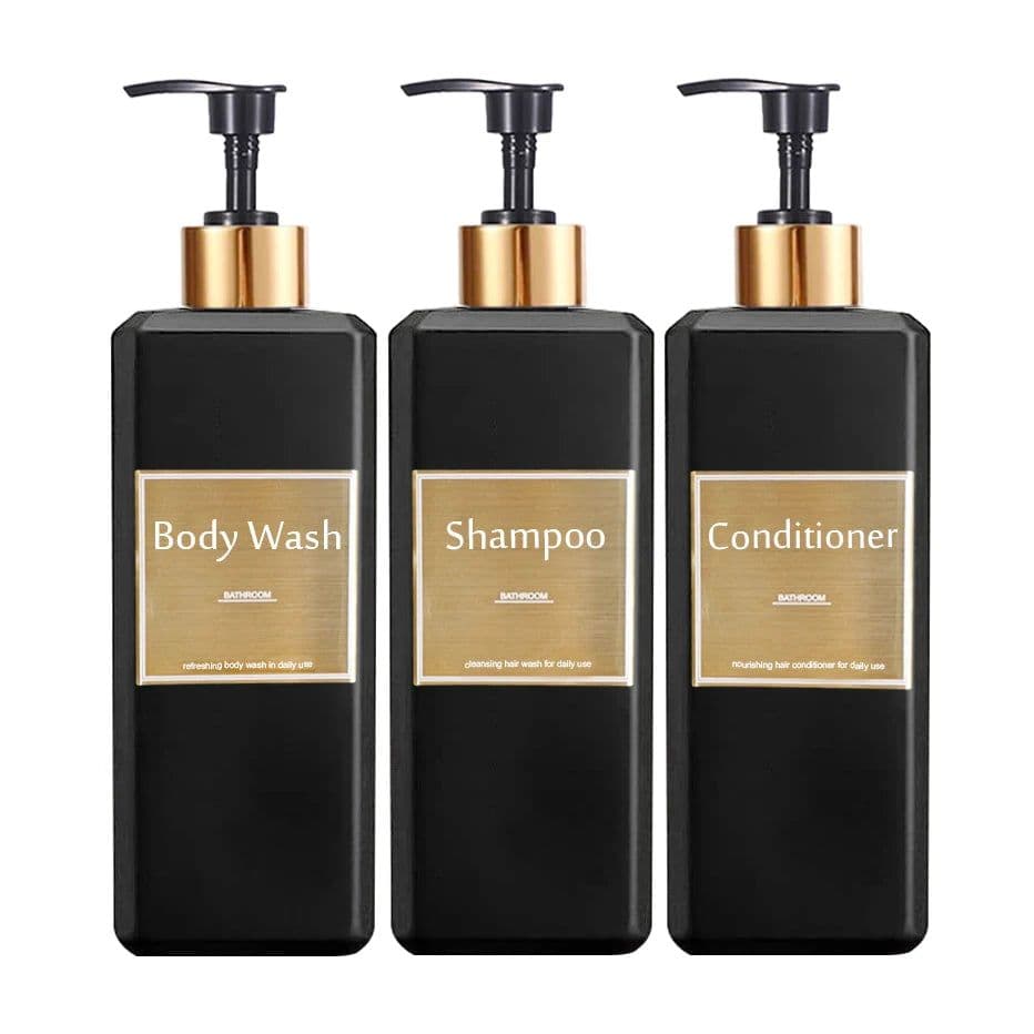 image-500ml/16.9oz Shampoo Dispenser Press Pump Bottle with Gold Waterproof Labels Bathroom Shampoo Conditioner Body Wash Bottles