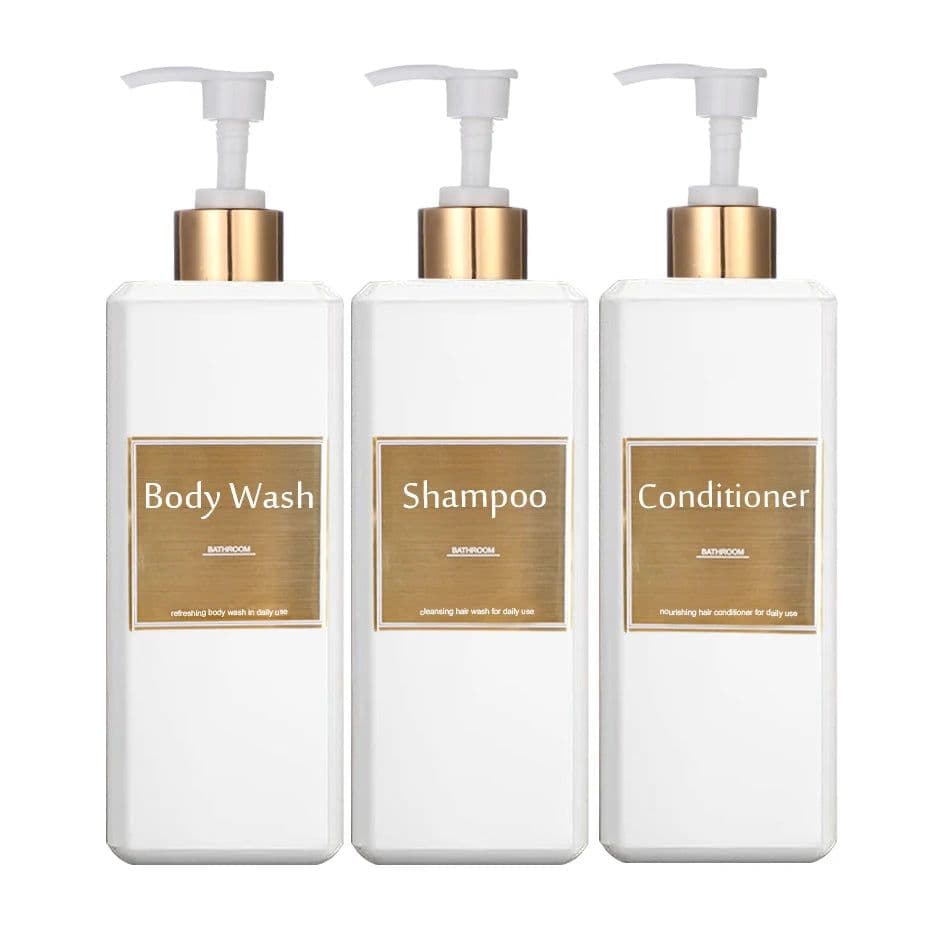 image-500ml/16.9oz Shampoo Dispenser Press Pump Bottle with Gold Waterproof Labels Bathroom Shampoo Conditioner Body Wash Bottles