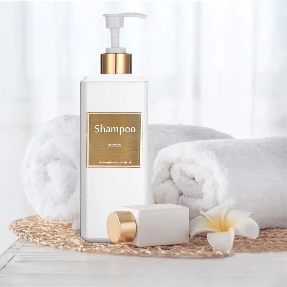 image-500ml/16.9oz Shampoo Dispenser Press Pump Bottle with Gold Waterproof Labels Bathroom Shampoo Conditioner Body Wash Bottles