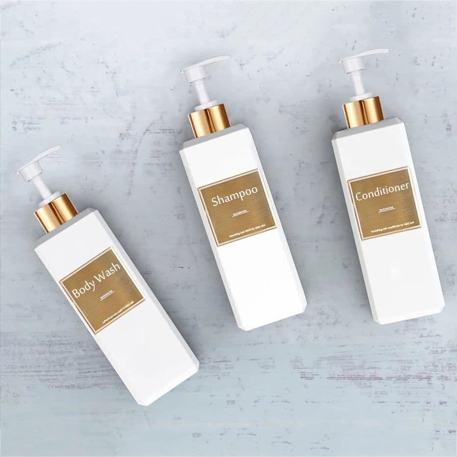 image-500ml/16.9oz Shampoo Dispenser Press Pump Bottle with Gold Waterproof Labels Bathroom Shampoo Conditioner Body Wash Bottles
