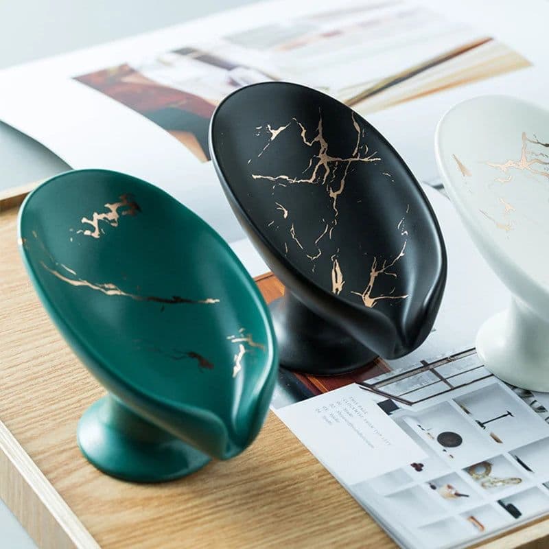 image-Ceramics Leaf Shape Soap Box Drain Soap Holder Box Luxury Bathroom Accessories Supplies Heart Shape Soap Dish Tray Gadgets