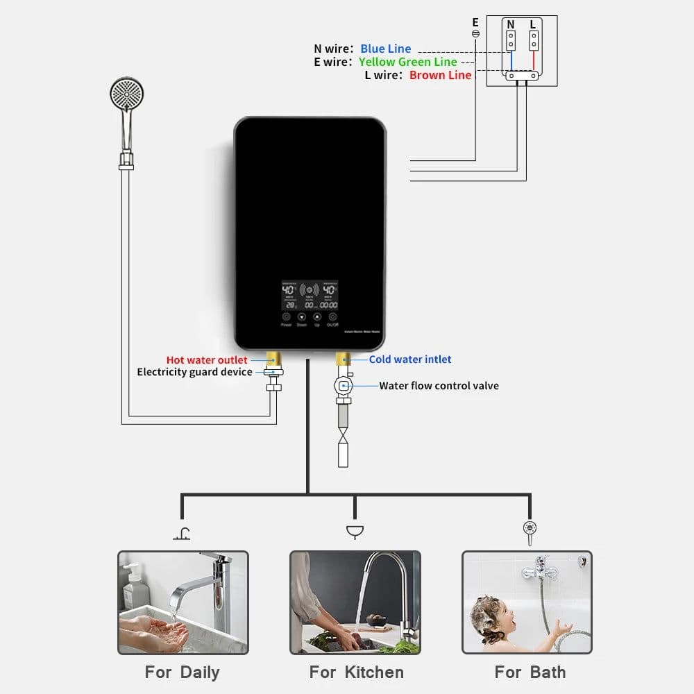image-Instant Water Heater Shower Bathroom Faucets Kitchen Tap Electric Water Heater 220V 8000W Digital Display Temperature Adjustable