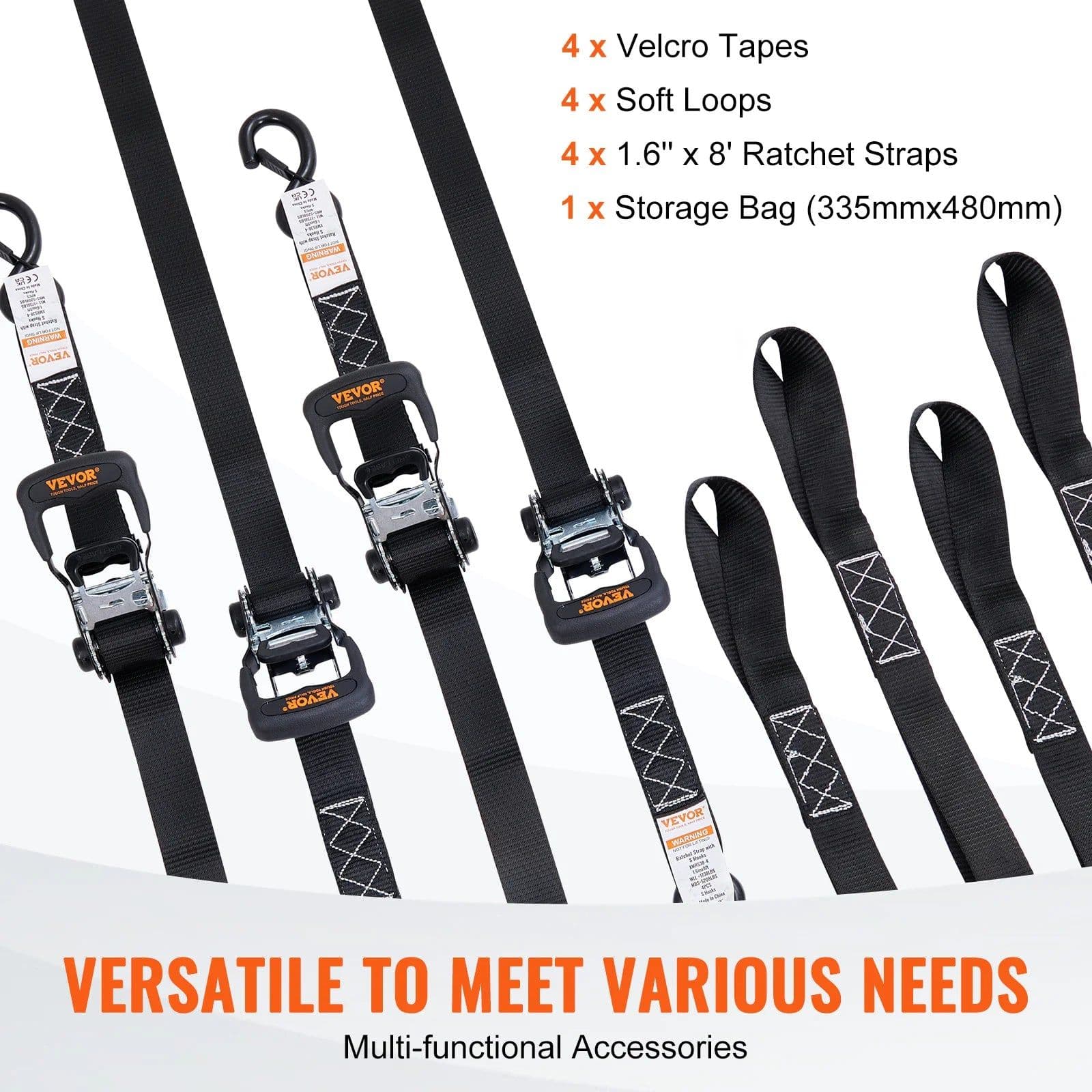 image-VEVOR 4pcs Trailer Ratchet Tie Down Straps with Padded Handles Hook Brake Binding Belt for Moving Securing Cargo Motorcycle