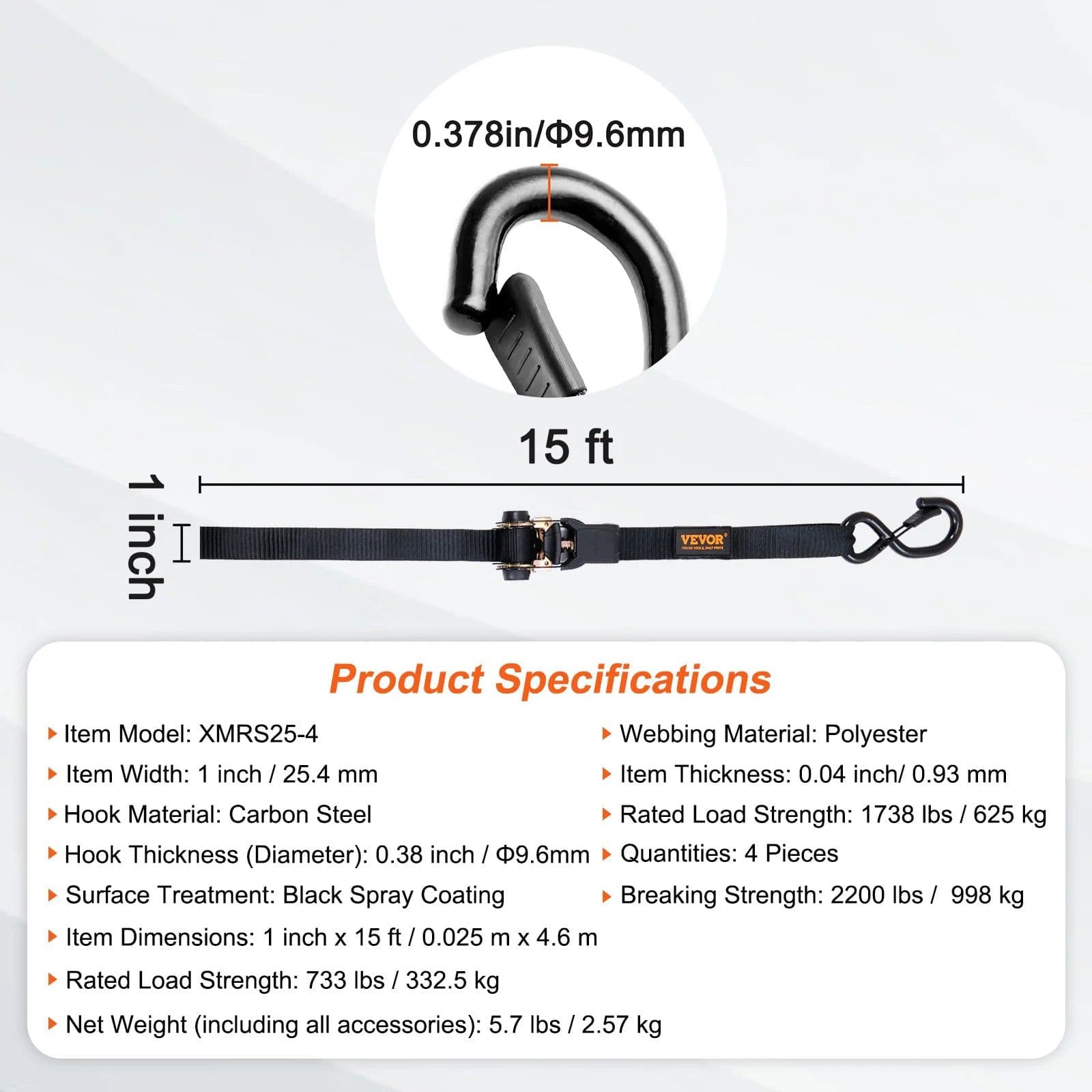 image-VEVOR 4pcs Trailer Ratchet Tie Down Straps with Padded Handles Hook Brake Binding Belt for Moving Securing Cargo Motorcycle