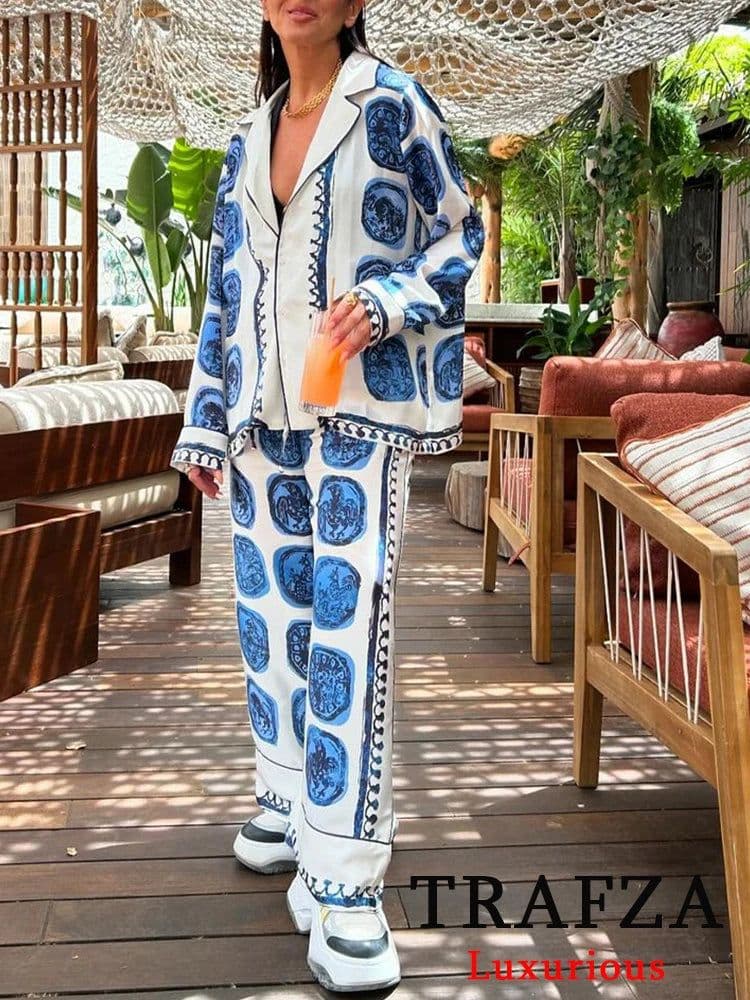 image-TRAFZA Vintage Casual Print Women Suit Single Breasted V Neck Blouse Lace-up Loose Long Pants Fashion 2024 Spring Summer Sets