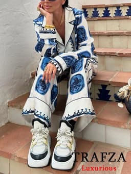 image-TRAFZA Vintage Casual Print Women Suit Single Breasted V Neck Blouse Lace-up Loose Long Pants Fashion 2024 Spring Summer Sets