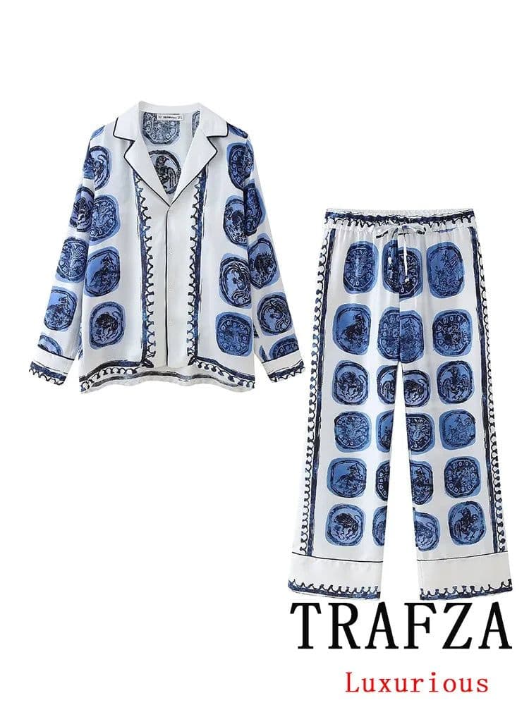 image-TRAFZA Vintage Casual Print Women Suit Single Breasted V Neck Blouse Lace-up Loose Long Pants Fashion 2024 Spring Summer Sets