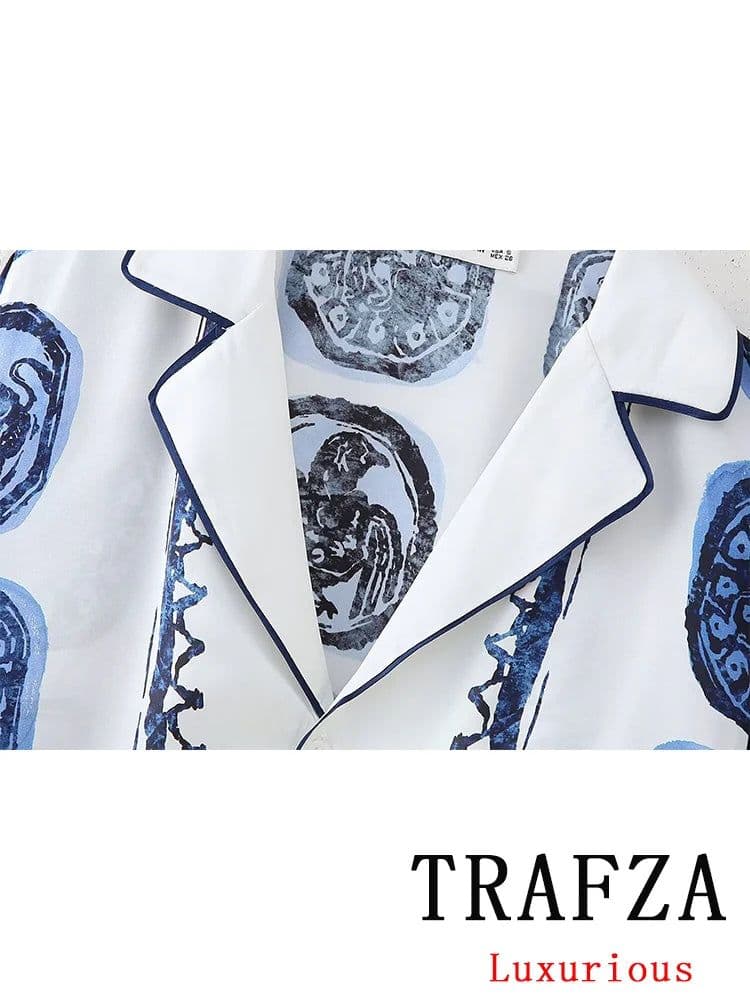 image-TRAFZA Vintage Casual Print Women Suit Single Breasted V Neck Blouse Lace-up Loose Long Pants Fashion 2024 Spring Summer Sets
