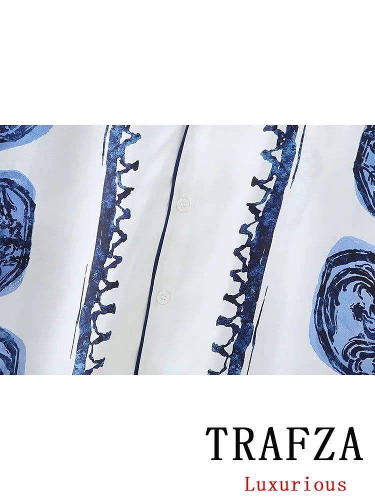 image-TRAFZA Vintage Casual Print Women Suit Single Breasted V Neck Blouse Lace-up Loose Long Pants Fashion 2024 Spring Summer Sets