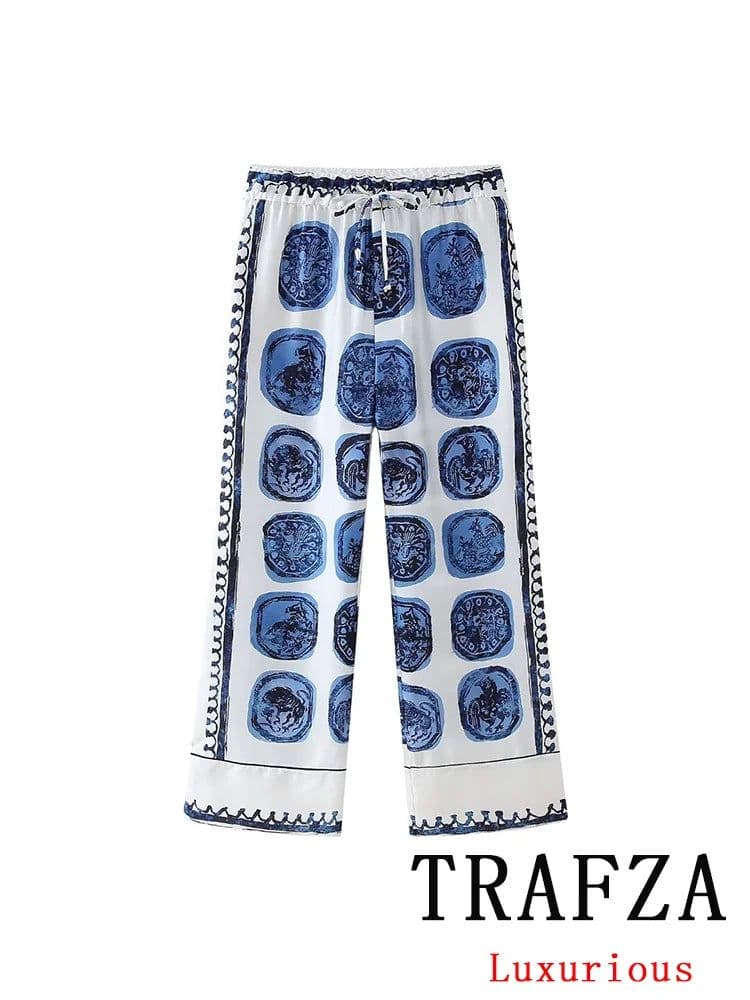 image-TRAFZA Vintage Casual Print Women Suit Single Breasted V Neck Blouse Lace-up Loose Long Pants Fashion 2024 Spring Summer Sets