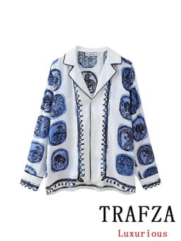 image-TRAFZA Vintage Casual Print Women Suit Single Breasted V Neck Blouse Lace-up Loose Long Pants Fashion 2024 Spring Summer Sets