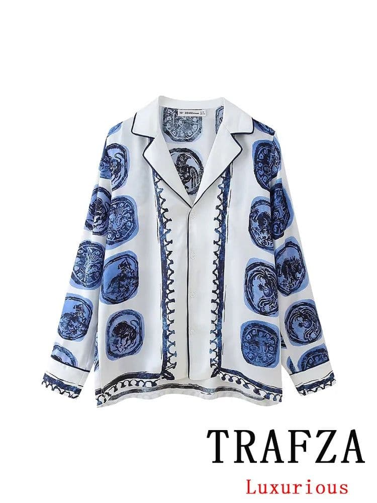 image-TRAFZA Vintage Casual Print Women Suit Single Breasted V Neck Blouse Lace-up Loose Long Pants Fashion 2024 Spring Summer Sets