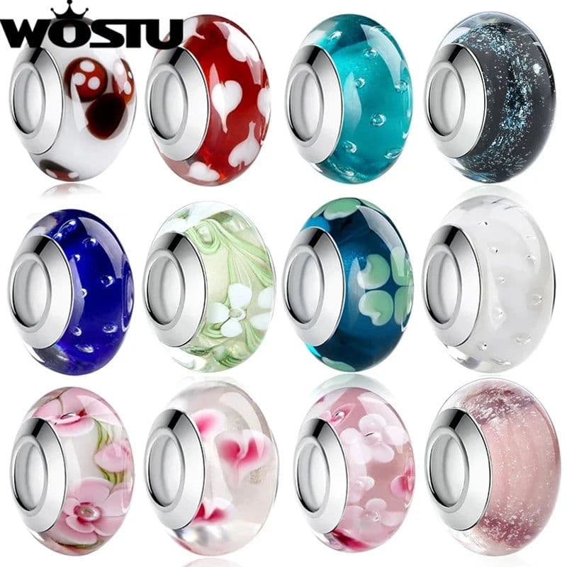 image-WOSTU High Quality White Murano Glass Beads Fit Original Bracelet Pendant Silver Plated Colorful Charm DIY Jewelry Making