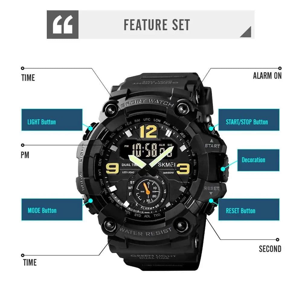 image-Vintage Men Military Watch 50m Waterproof Wristwatch SKMEI Top Brand Casual Sport Style Digital Clock PU Band Watch Men Original