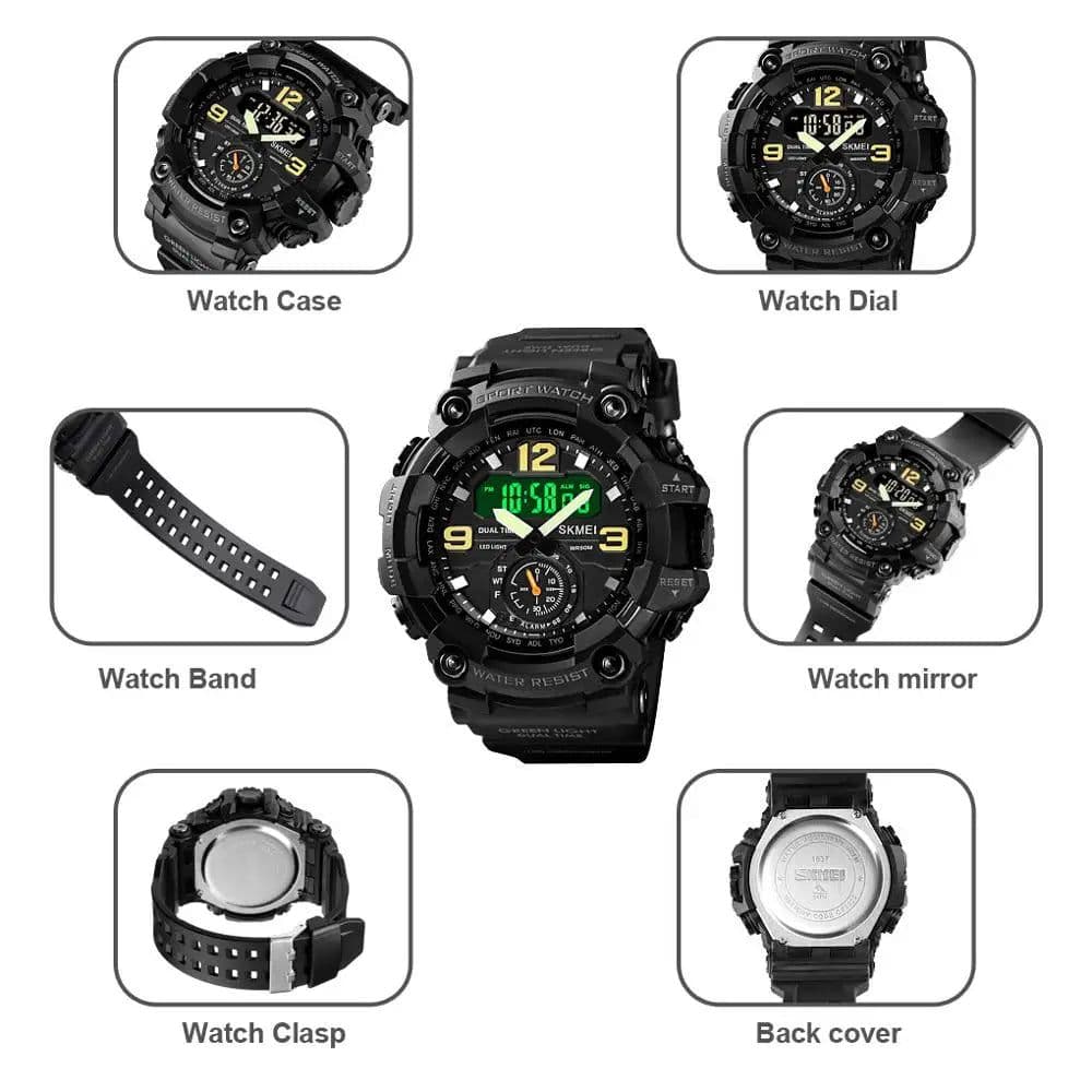 image-Vintage Men Military Watch 50m Waterproof Wristwatch SKMEI Top Brand Casual Sport Style Digital Clock PU Band Watch Men Original