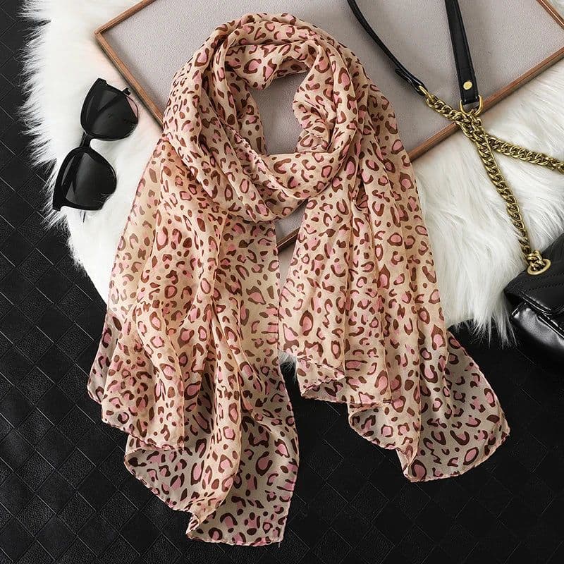 image-New Fashion 50*160cm Leopard Printing Chiffon Georgette Silk Scarf Women Foulard Lotus Leaf Long Shawl Summer Elegant Bandana