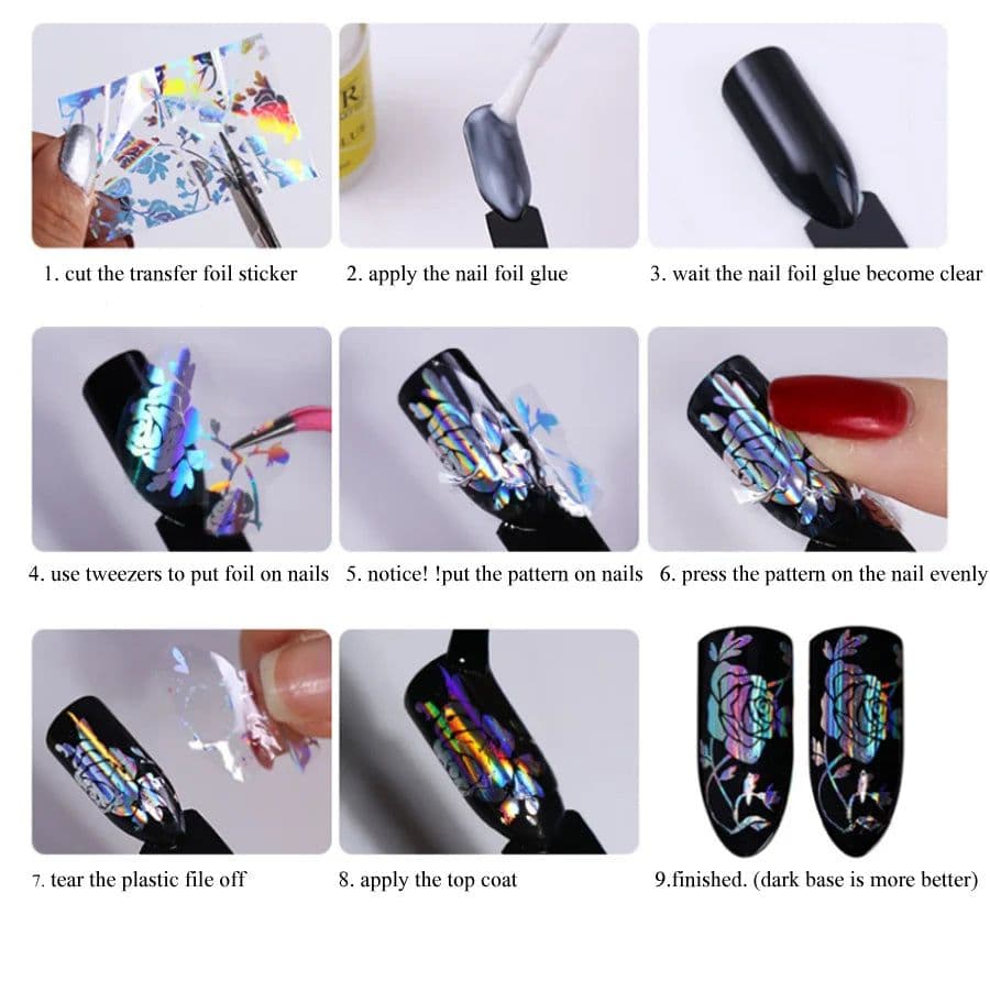 image-50pcs/Lo Holographic Transfer Foil Stickers 4*20cm Random Decals 30pc Flower Transferring Wraps Slider Nail Transfer Foil Decors