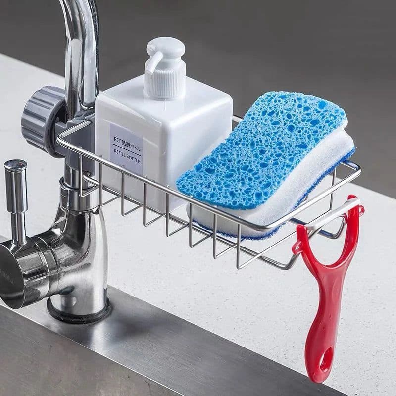image-Kitchen Stainless Steel Sink Drain Rack Sponge Storage Faucet Holder Soap Drainer Shelf Basket Organizer Bathroom Accessories