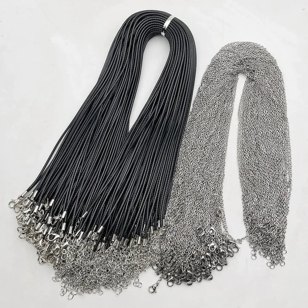 image-Fashion 1.5MM 2.0MM 45cm 60cm 70cm stainless steel or black Wax rope lobster clasp necklace lanyard Jewelry pendant cords 100pc