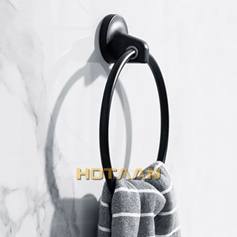 image-Matte Black Finish Stainless Steel Wall Mounted Towel Ring Bathroom Accessories Round Towel Holder Bathroom Towel Rack Hanger