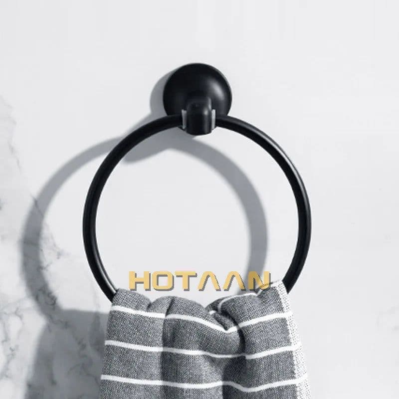 image-Matte Black Finish Stainless Steel Wall Mounted Towel Ring Bathroom Accessories Round Towel Holder Bathroom Towel Rack Hanger