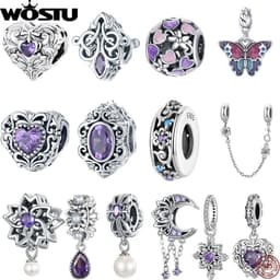 image-WOSTU 925 Sterling Silver Dreamy Purple Heart Charms Safety Chain Space Jewelry Beads Fit Original Bracelet DIY Bangle For Women
