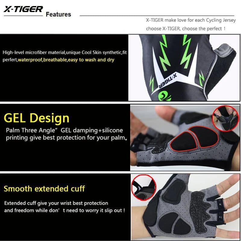 image-X-Tiger Cycling Gloves Mens MTB Road Gloves Reflective Mountain Bike Half Finger Gloves Bicycle Non-slip Sports Gloves