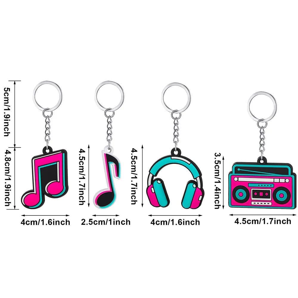 image-12 Pieces Music Party Favors 80s Decorations Silicone Keychain Musical Note Roll Themed Party Supplies Radio Earphone Shaped