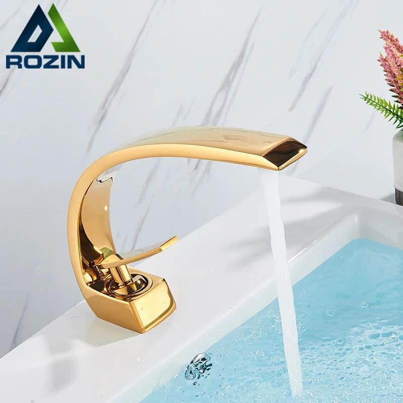 image-Rozin Bathroom Gold Basin Faucet Deck Mount Black Chrome Washing Basin Mixer Water Taps Creative Hot Cold Water Crane Mixers