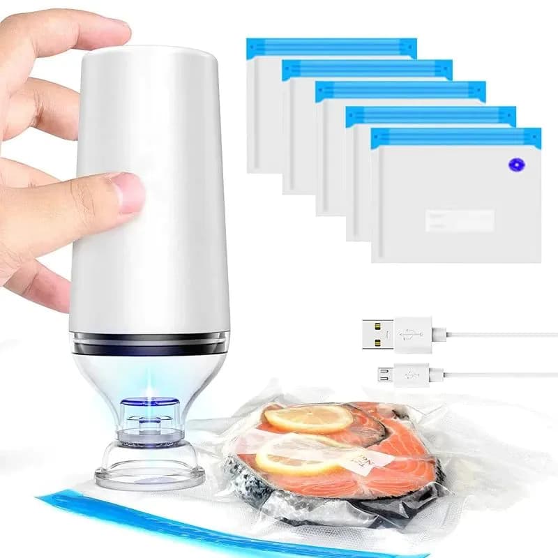 image-Reusable Vacuum Food Storage Zipper Bags Set Electric Handheld Vacuum Sealer Pump Sous Vide Bags USB Rechargeable BPA Free