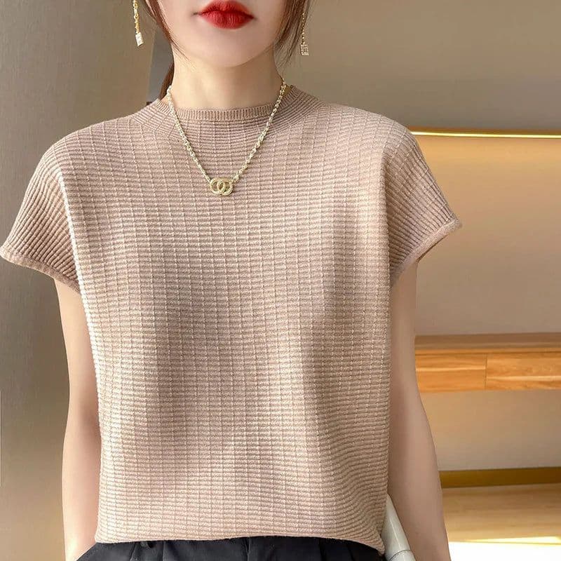 image-Summer Female T-shirts Short Sleeve Women O-neck Solid Color Fashion Women's Clothing Tee Mock Neck Casual Soft T Shirt Oversize