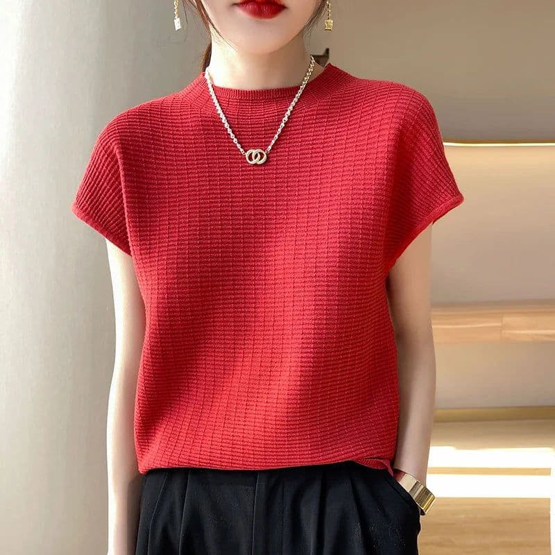 image-Summer Female T-shirts Short Sleeve Women O-neck Solid Color Fashion Women's Clothing Tee Mock Neck Casual Soft T Shirt Oversize