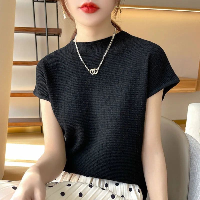 image-Summer Female T-shirts Short Sleeve Women O-neck Solid Color Fashion Women's Clothing Tee Mock Neck Casual Soft T Shirt Oversize
