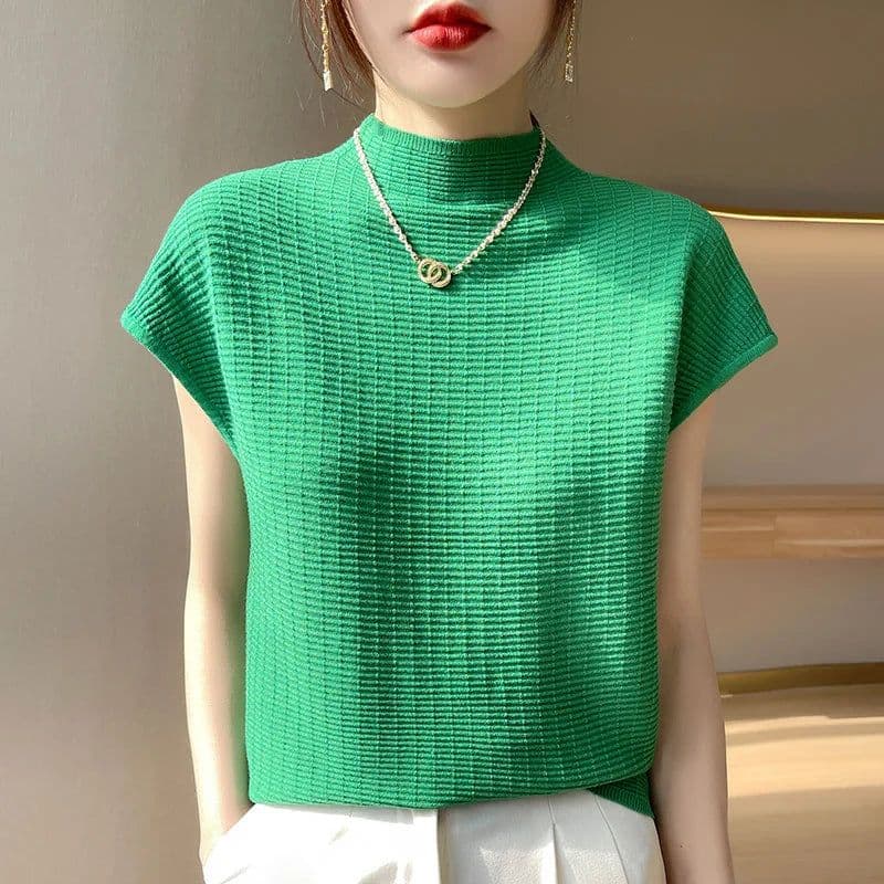 image-Summer Female T-shirts Short Sleeve Women O-neck Solid Color Fashion Women's Clothing Tee Mock Neck Casual Soft T Shirt Oversize