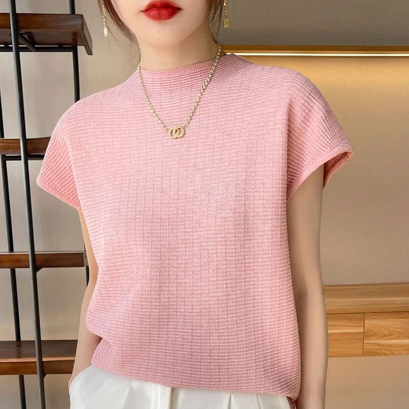 image-Summer Female T-shirts Short Sleeve Women O-neck Solid Color Fashion Women's Clothing Tee Mock Neck Casual Soft T Shirt Oversize