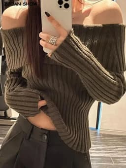 image-2022 Autumn Winter Solid Color Rib Knitted Off the Shoulder Pullover Sweater Sexy Women Full Sleeve Slim Stretch Knitwear Jumper