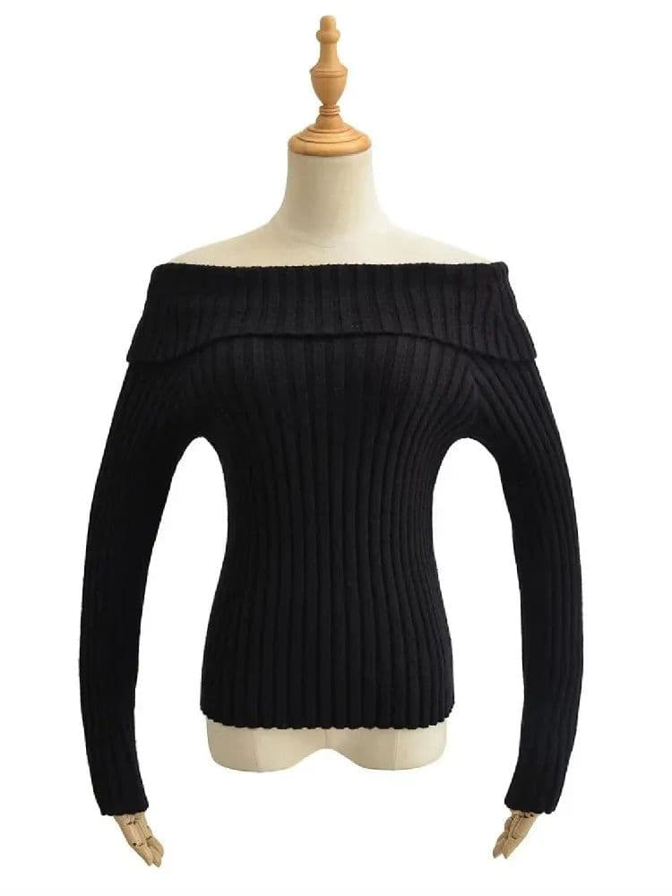 image-2022 Autumn Winter Solid Color Rib Knitted Off the Shoulder Pullover Sweater Sexy Women Full Sleeve Slim Stretch Knitwear Jumper